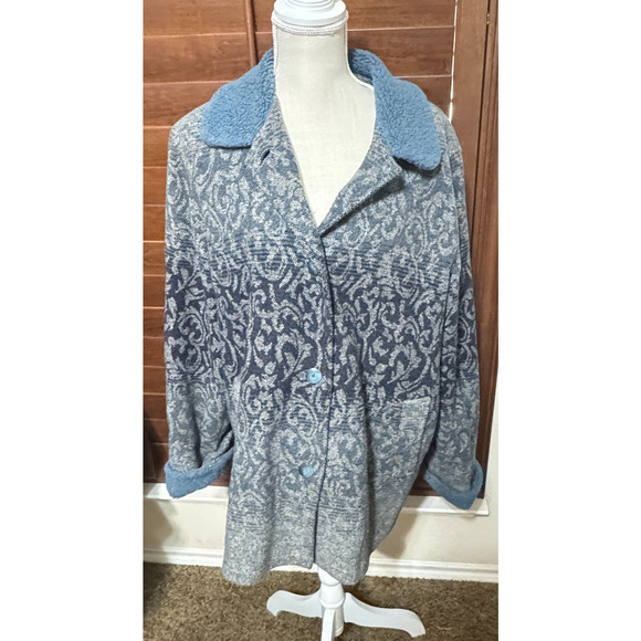 Vintage Mulberry Street Wool Coat Jacket Womens L Blue Tapestry button pockets - Picture 1 of 9